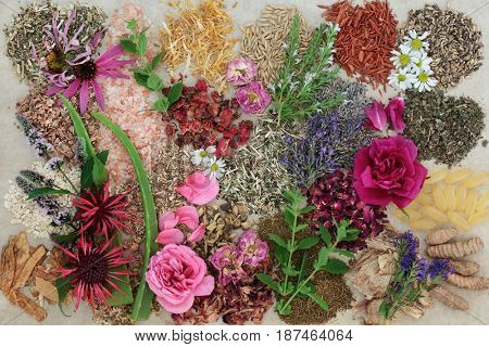 Herbal medicine selection with flowers and herbs to heal skin disorders such as psoriasis and eczema on hemp paper background.