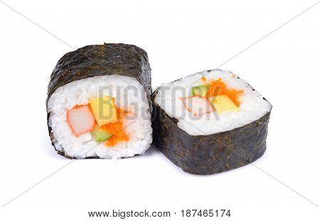 sushi isolated on white background Traditional japanese futomaki roll stuffed with tobiko caviar tomago omelet cucumber crab meat and shrimp