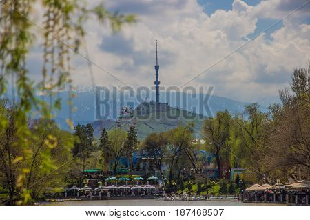 Central City Park, Almaty, Kazakhstan. View Of The Lake And Kok Tobe Hill