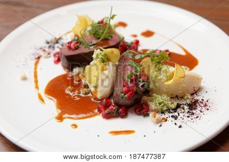 Venison fillet and potato puree, gourmet dish