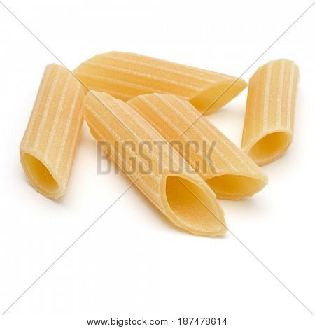 Italian pasta isolated on white background. Pennoni. Penne rigate.