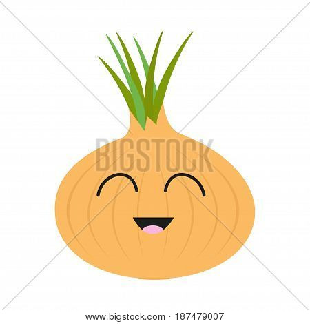 Onion ripe bulb with green sprout icon. Yellow color. Vegetable collection. Fresh farm healthy food. Smiling face. Cute cartoon character. Education card. Flat design. White background Isolated Vector