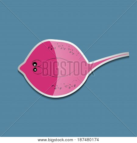 Bright colorful sticker with pink numbfish on a blue background. Vector illustration of sea animals.