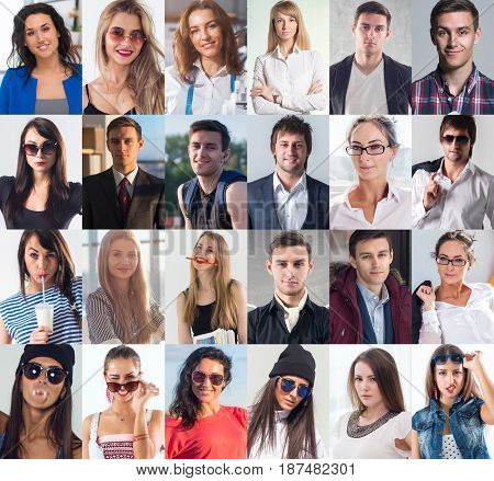 Collection of different many happy smiling young people faces caucasian women and men. Concept business, avatar