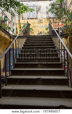FUNCHALMADEIRA PORTUGAL SEPTEMBER 8 2016: Zone Velha - the oldest district famous for its best restaurants and cafes in Funchal. Madeira Portugal