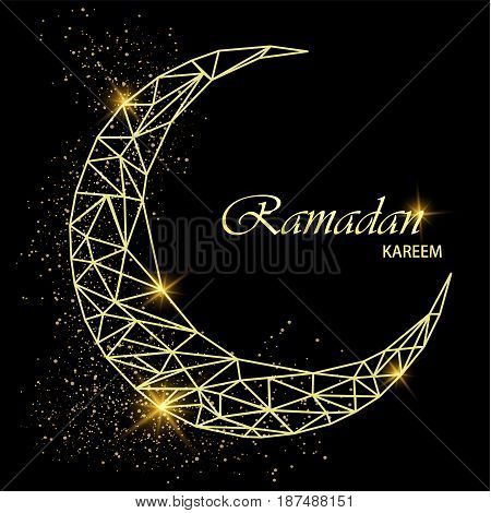 Ramadan Kareem beautiful greeting card with polygonal golden moon with glitter on black background. Stock vector