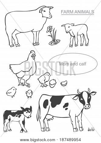Drawing farm animals on white background: mums and their cubs cow chicken sheep