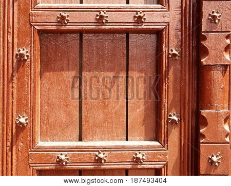 Detail of ancient wooden door with metallic rivets in Taj Mahal mausoleum, India. Copy space for your text