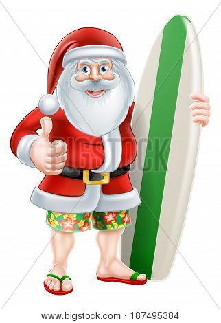 Christmas cartoon of Santa giving a thumbs up in his board shorts and sandals holding a surf board