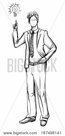 Man in business suit hand drawn vector sketch. Idea concept with man and lightbulb. Black and white line illustration.