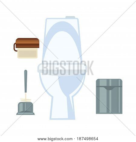 White ceramic toilet, metal trash bin, convenient plunger and wall toilet paper holder in grey and brown colors isolated on white background. Common washroom equipment vector illustrations set.