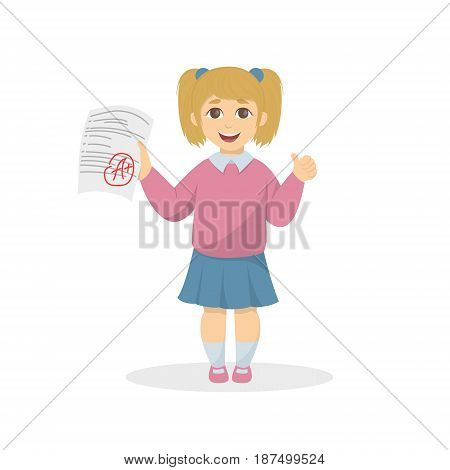 Girl with the highest grade. Happy child with A plus grade.