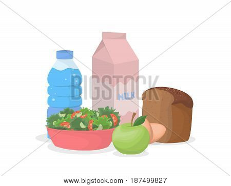Isolated healthy food. Milk and watre, salad and bread and apple.