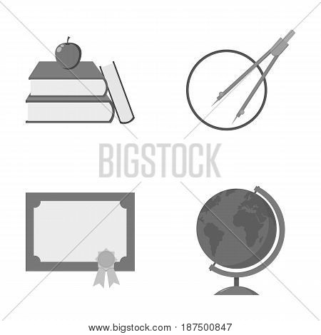 Books, an apple, a compass with a circle, a diploma with a seal, a globe. School set collection icons in monochrome style vector symbol stock illustration .