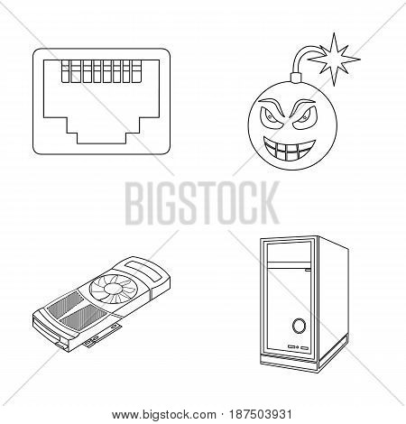 Virus, system unit and other components. Personal computer set collection icons in outline style vector symbol stock illustration .