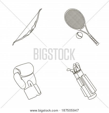 Bow for shooting at the target, racket with a ball for playing in a tennis court, a glove for boxing, a cover, a drawer for golf clubs. Sport set collection icons in outline style vector symbol stock illustration .