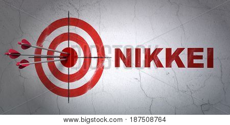 Success Stock market indexes concept: arrows hitting the center of target, Red Nikkei on wall background, 3D rendering