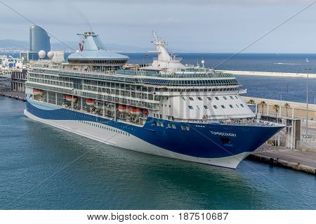 TUI Discovery Thomson Cruises - Barcelona Spain - 07 May 2017: TUI Discovery ship docked in Barcelona cruise port