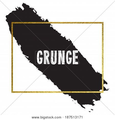 Vector illustration of brush stroke. Hand drawn by black paint grunge texture. Blot of ink with gold frame isolated on white background.