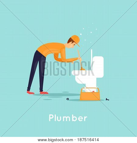 Plumber repair sewer. Flat design vector illustration.