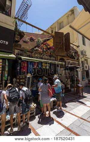 HERAKLION GREECE - JULY 09 2016: Crete. The popular shopping street - Daidalou Street in the historic center of the city. Heraklion - the largest city on the island.