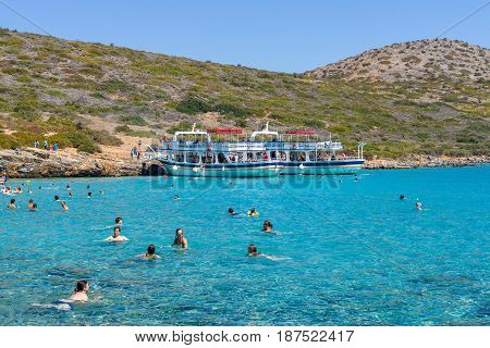 CRETE GREECE - JULY 11 2016: Beautiful bay. Kolokitha beach. Peninsula Kalydon. The island of Crete. A popular tourist destination.