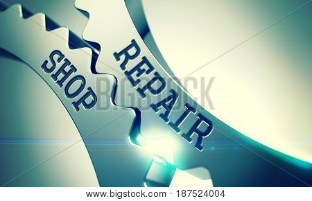 Repair Shop - Illustration with Lens Effect . Repair Shop on Mechanism of Metallic Cogwheels with Lens Effect - Communication Concept . 3D Illustration .