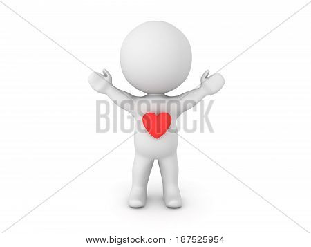 3D Character with cartoon red heart on his chest. Image can be used in love or compassion concept.