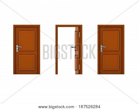 3D illustration of three doors with one being open. Image could convey the idea of an opportunity.