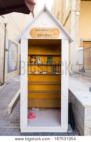 HERAKLION GREECE - JULY 16 2016: Bookcrossing in the historic center of the city.