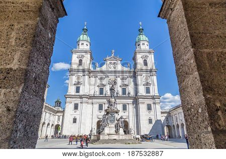 Salzburg Cathedral With Domplatz Town Square  In Summer, Salzburg, Austria