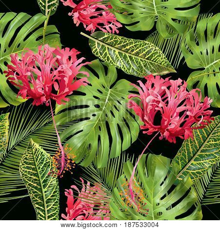 Vector botanical seamless pattern with tropical leaves and red exotic flowers on black background. Design for cosmetics, spa, health care products, perfume. Can be used as wedding, summer background