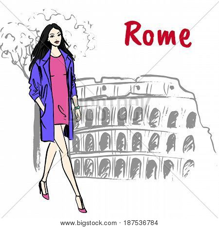 Fashion sketch of beautiful woman in Rome
