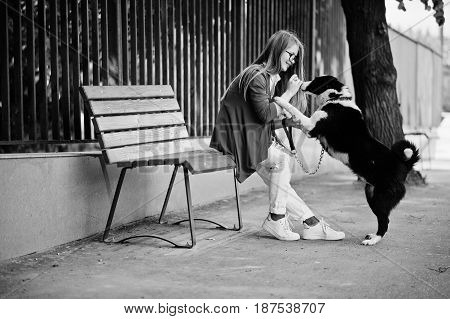 Trendy Girl At Glasses And Ripped Jeans With Russo-european Laika (husky) Dog On A Leash, Against Be