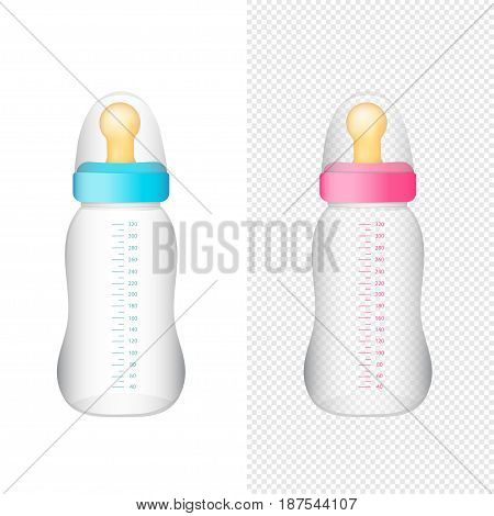 Blue and pink baby bottle. Realistic vector icons.
