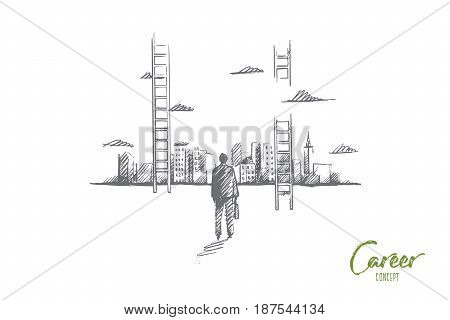 Vector hand drawn Career concept sketch. Businessman rear view standing and looking at skyscrappers of big city and ladder to sky