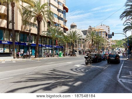Alicante Spain - May 16; 2017: Street of Alicante city center. Alicante is a main resort city on the Costa Blanca. Spain