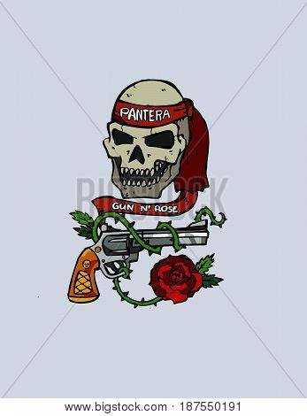 Skull Pirate. Cowboy Soilder. Brutal Gun. Vector Isolated