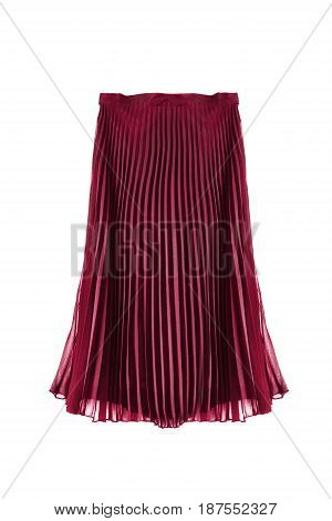 Pleated silk red midi skirt on white background