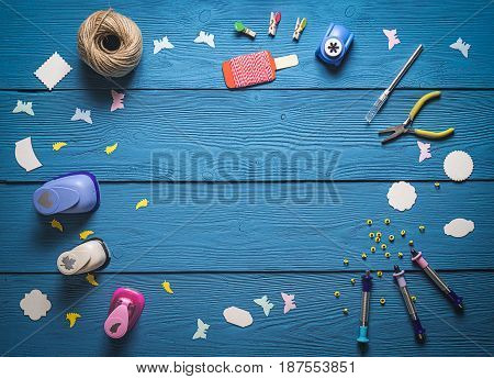 Tools For Scrapbooking On Wooden Boards