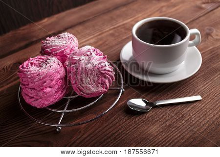 Black Coffee And Pink Zephyr. Marshmallow. Sweet Pink Marshmallow - Zephyr And Cup Of Coffee. Christ