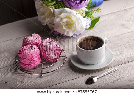 Black Coffee And Pink Zephyr. Marshmallow. Sweet Pink Marshmallow - Zephyr And Cup Of Coffee. Christ