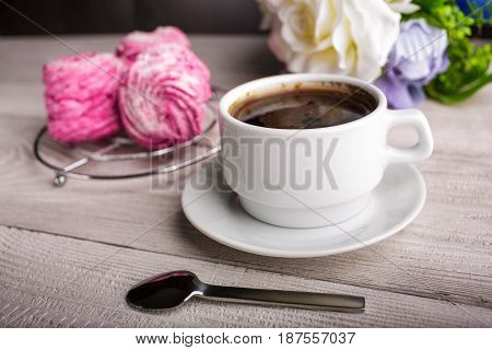 Black Coffee And Pink Zephyr. Marshmallow. Sweet Pink Marshmallow - Zephyr And Cup Of Coffee. Christ