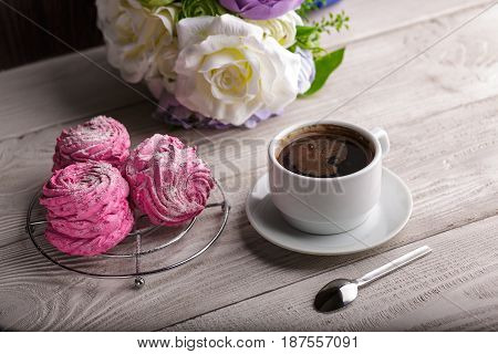 Black Coffee And Pink Zephyr. Marshmallow. Sweet Pink Marshmallow - Zephyr And Cup Of Coffee. Christ