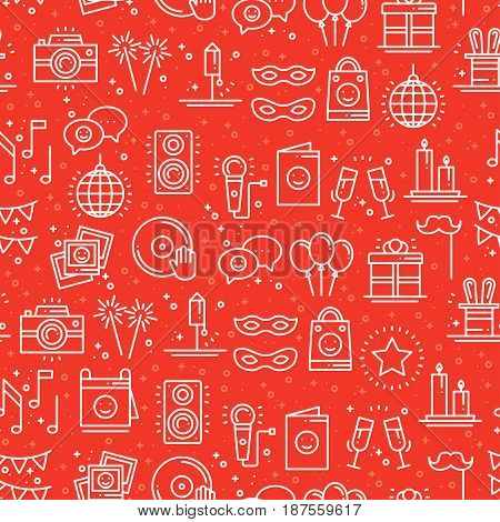 Party celebration seamless pattern. Birthday, holidays, event, carnival festive. Party decor elements thin icons. Vector illustration. Line background. Texture. Mask gifts cake cocktail firework