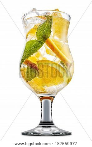 fresh fruit alcohol cocktail or mocktail in classic glass with ice cubes, orange and mint isolated on white background