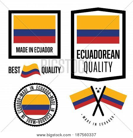 Ecuador quality isolated label set for goods. Exporting stamp with ecuadorean flag, nation manufacturer certificate element, country product vector emblem. Made in Ecuador badge collection.