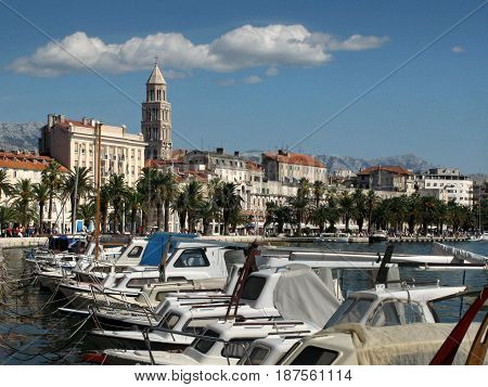 Fishing boats in small port Matejuska in front of Diocletian palace town Split Croatia