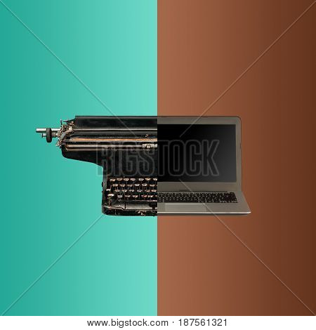 Very old fashion typewriter and new laptop. The concept of old and new technologies