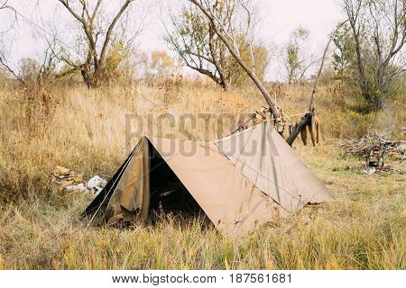 Camp Tent Of Infantry Soldier Of Soviet Russian Red Army During World War II In Forest Camp Re-enactors.
